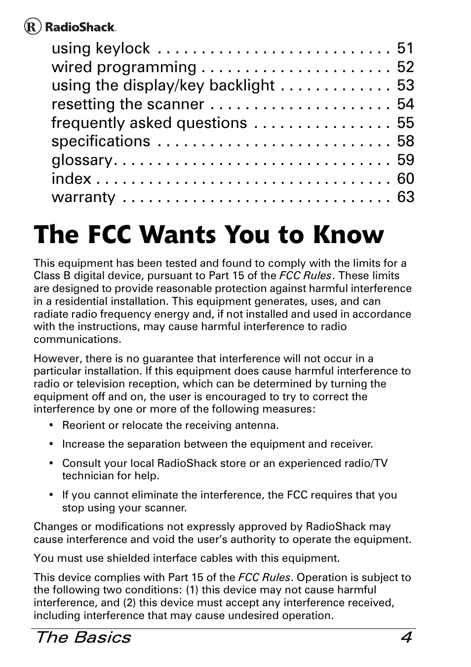 The fcc wants you to know, The basics 4 | Radio Shack Pro 84 User Manual | Page 4 / 64