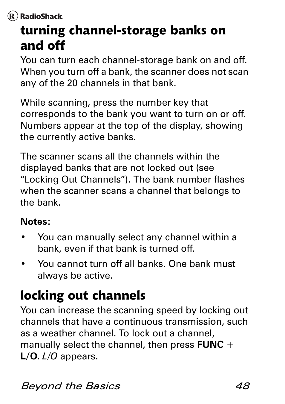 Turning channel-storage banks on and off, Locking out channels | Radio Shack Pro 84 User Manual | Page 48 / 64