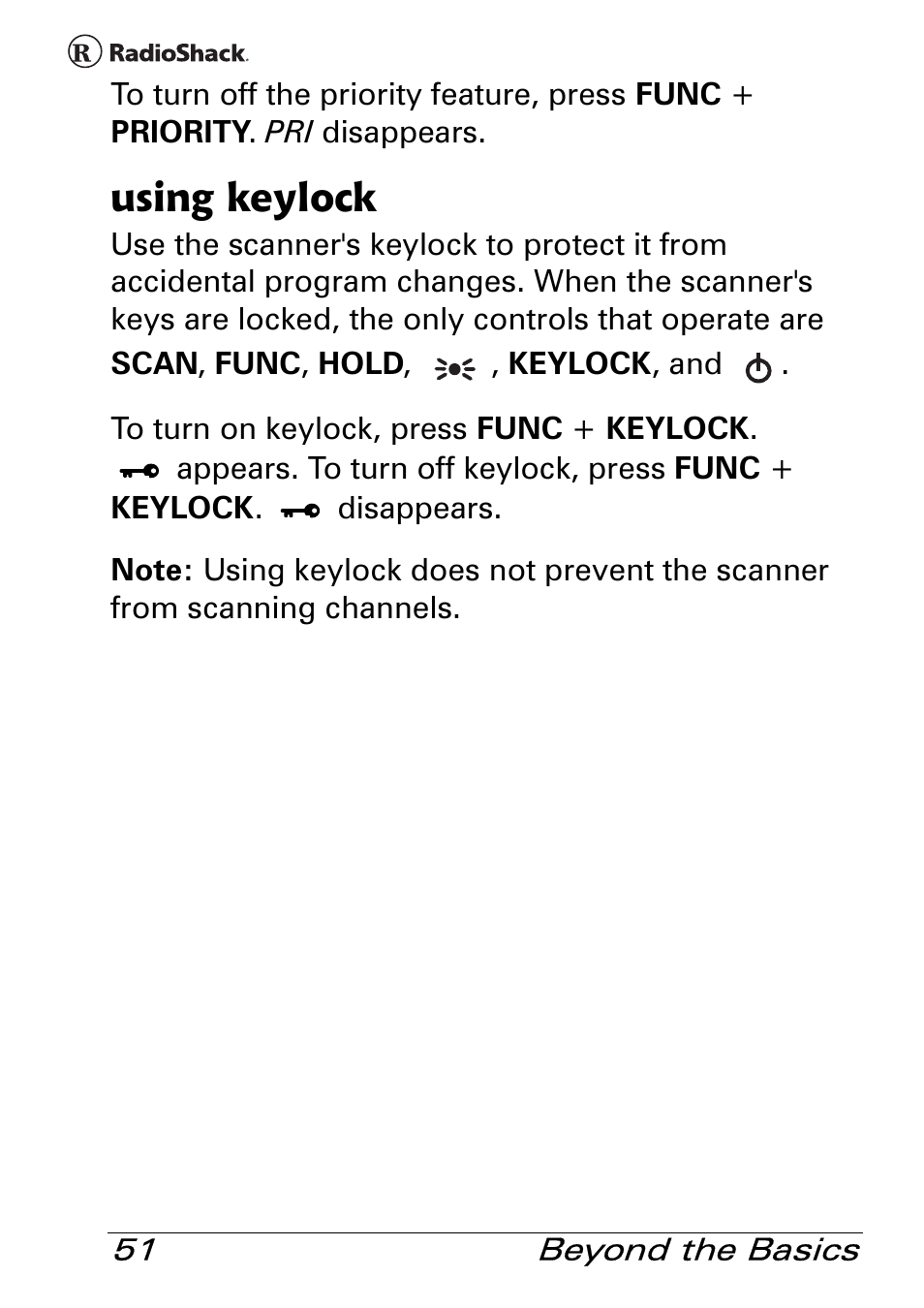 Using keylock | Radio Shack Pro 84 User Manual | Page 51 / 64