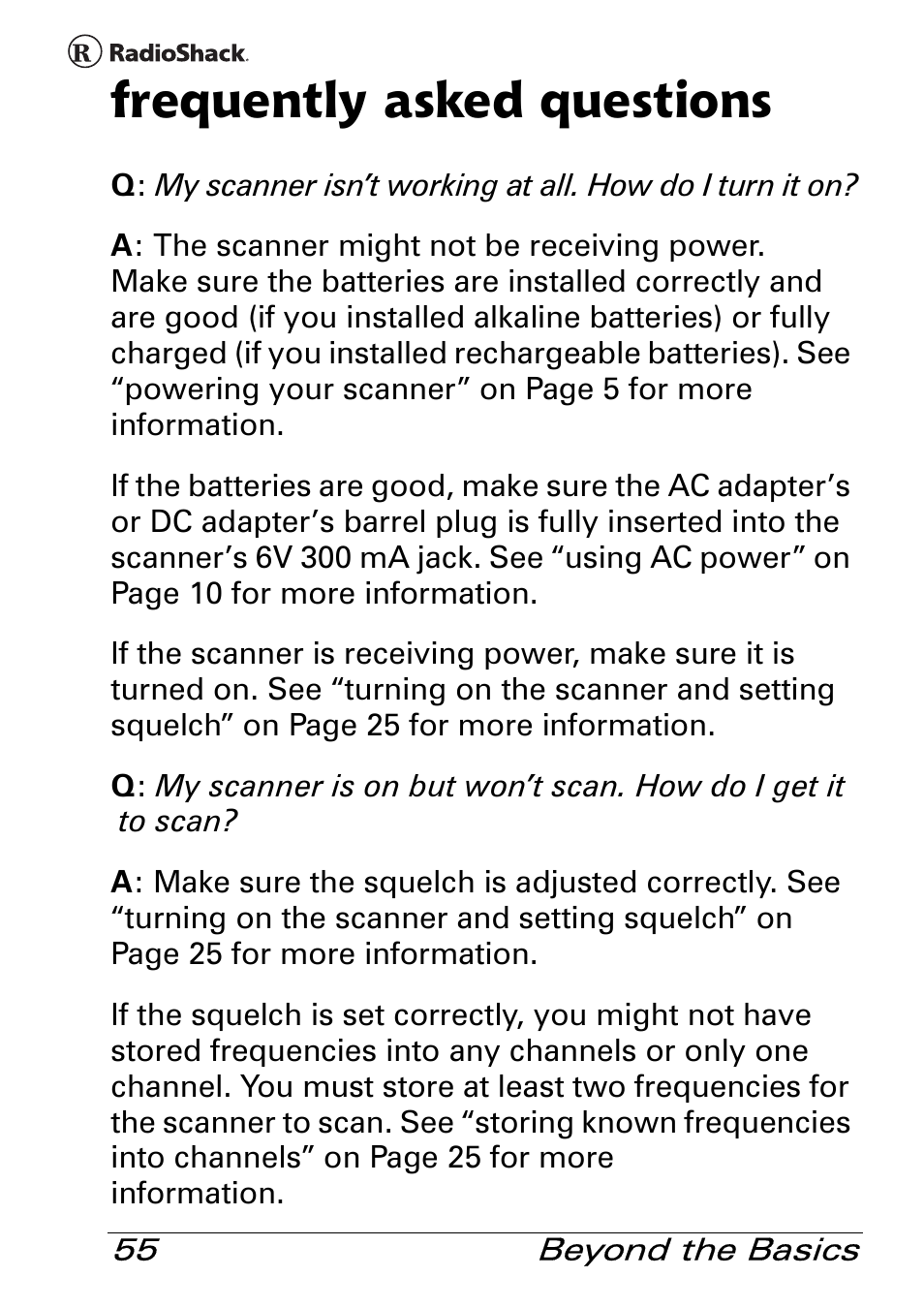 Frequently asked questions | Radio Shack Pro 84 User Manual | Page 55 / 64