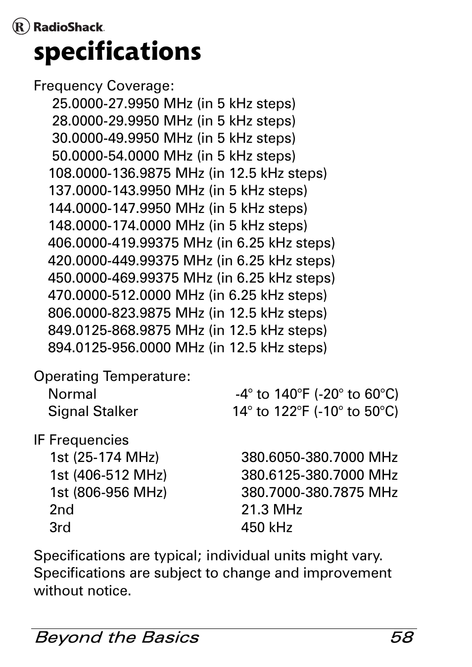 Specifications | Radio Shack Pro 84 User Manual | Page 58 / 64