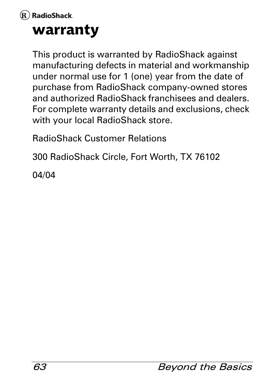 Warranty | Radio Shack Pro 84 User Manual | Page 63 / 64