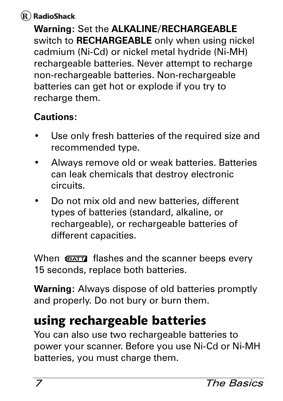 Using rechargeable batteries | Radio Shack Pro 84 User Manual | Page 7 / 64