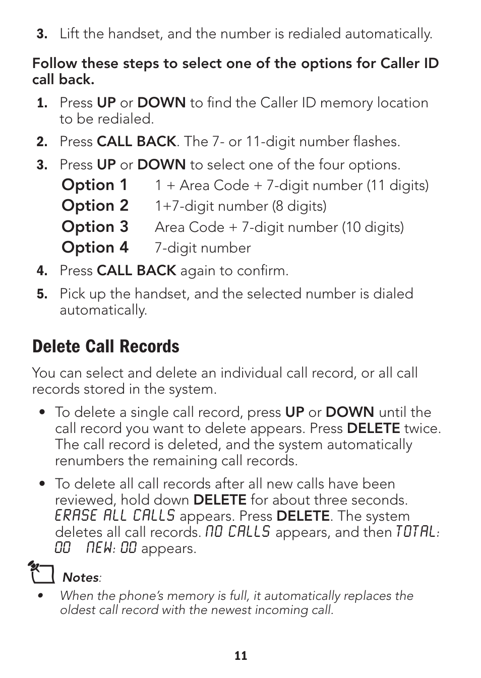 Delete call records | Radio Shack 43-3905 User Manual | Page 11 / 14