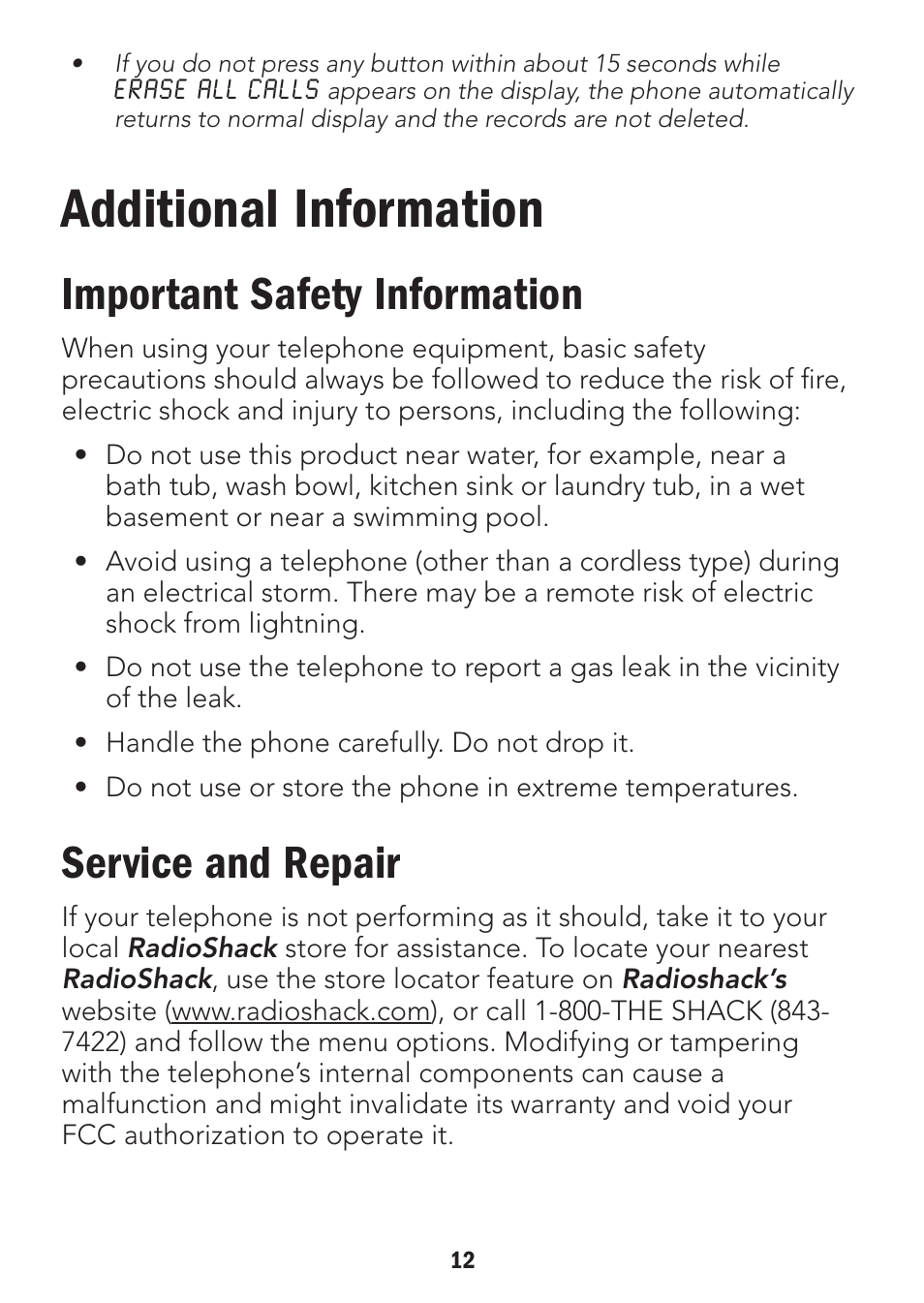 Additional information, Important safety information, Service and repair | Radio Shack 43-3905 User Manual | Page 12 / 14