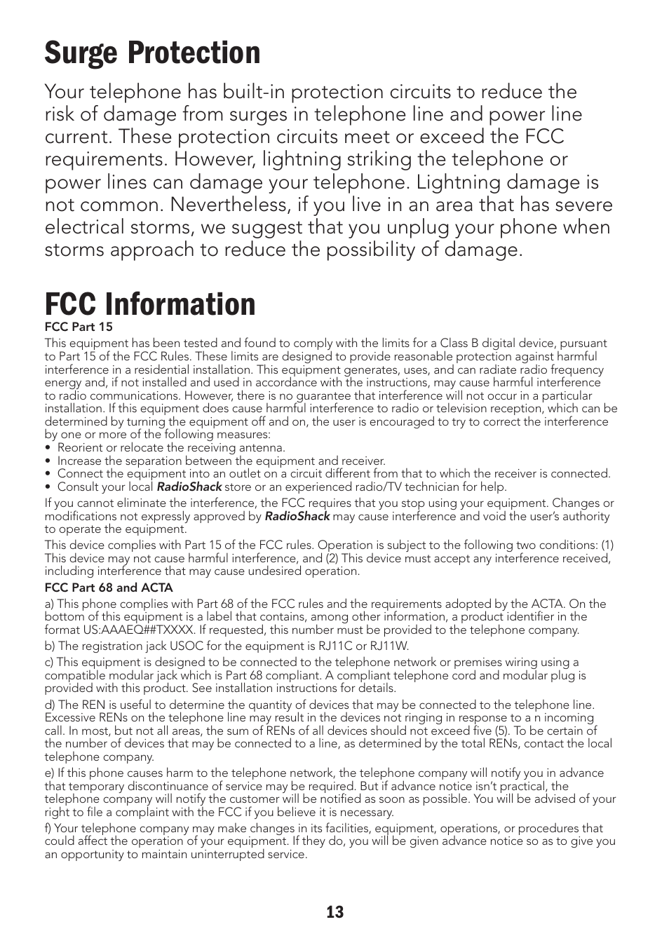Surge protection, Fcc information | Radio Shack 43-3905 User Manual | Page 13 / 14