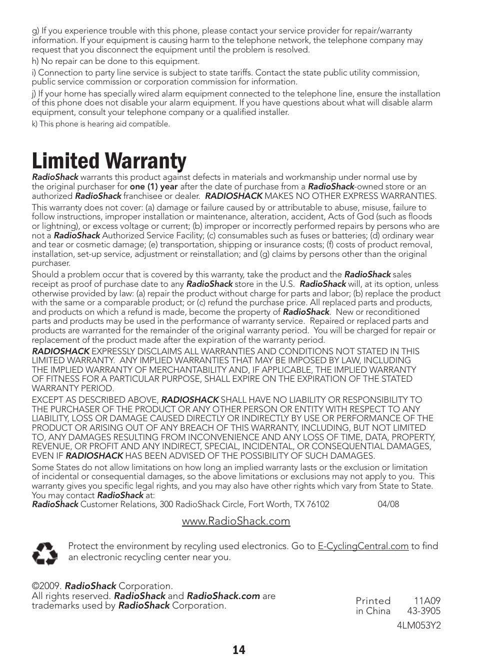 Limited warranty | Radio Shack 43-3905 User Manual | Page 14 / 14