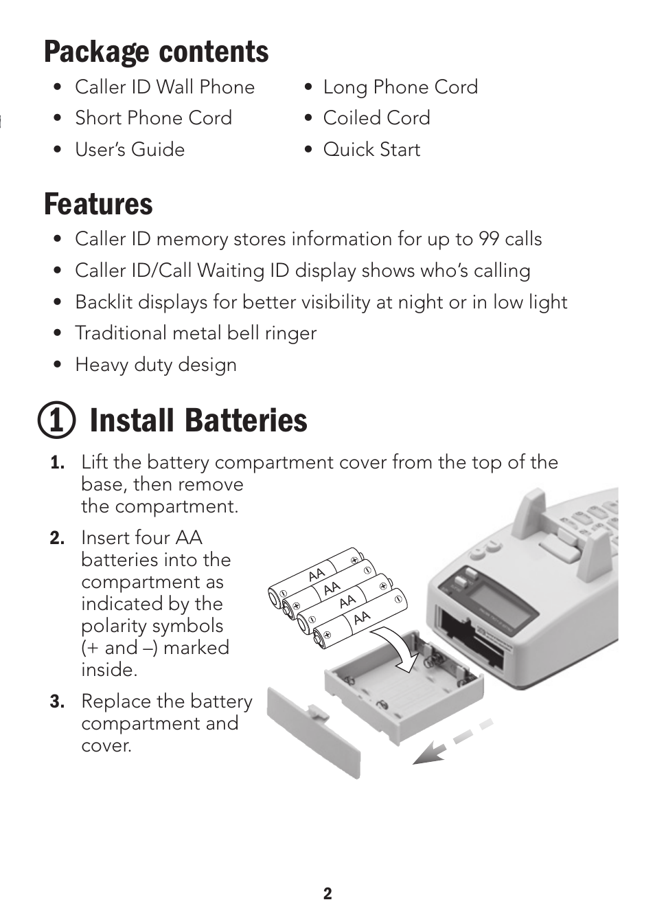 Install batteries, Package contents, Features | Radio Shack 43-3905 User Manual | Page 2 / 14