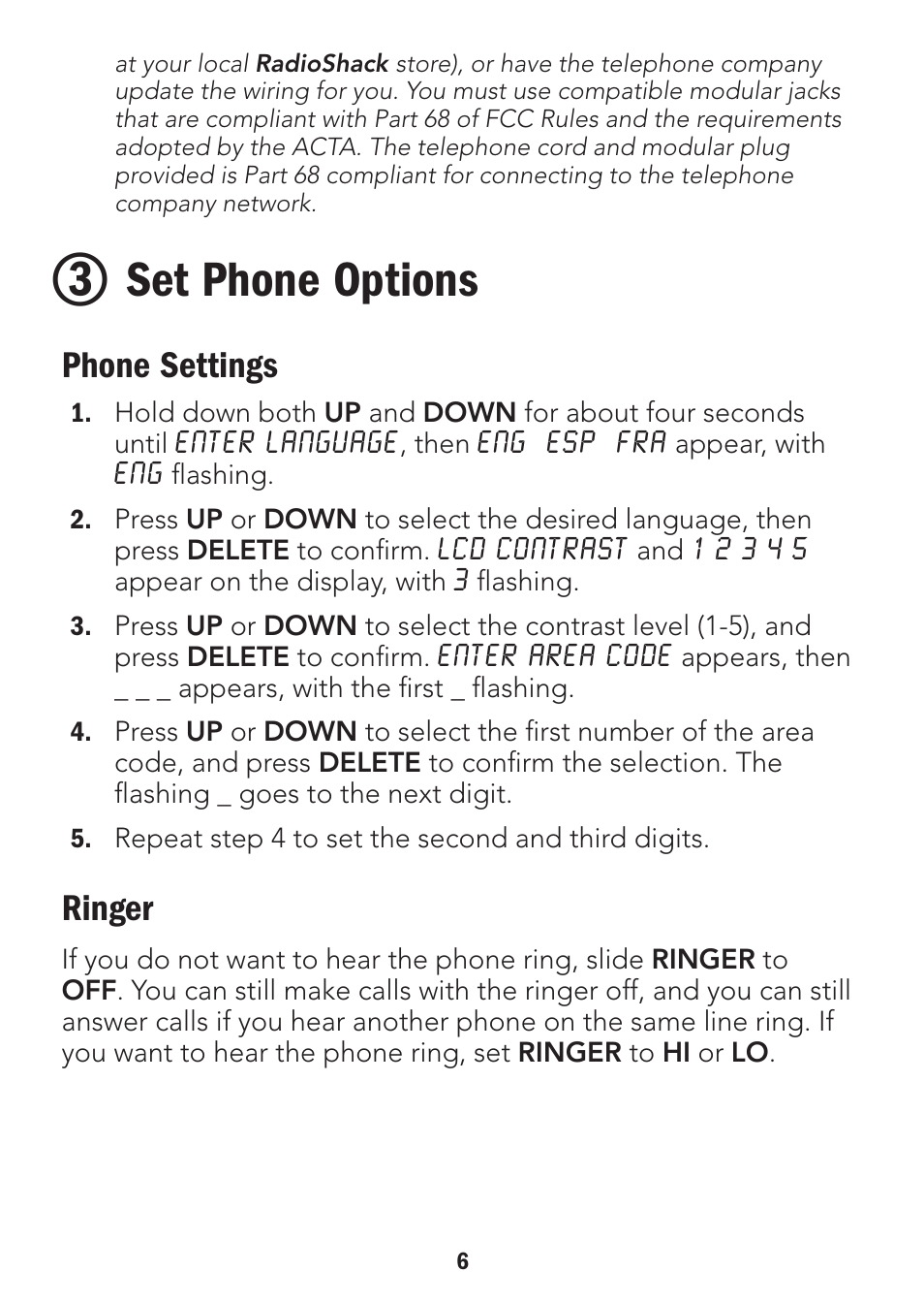Set phone options, Phone settings, Ringer | Radio Shack 43-3905 User Manual | Page 6 / 14