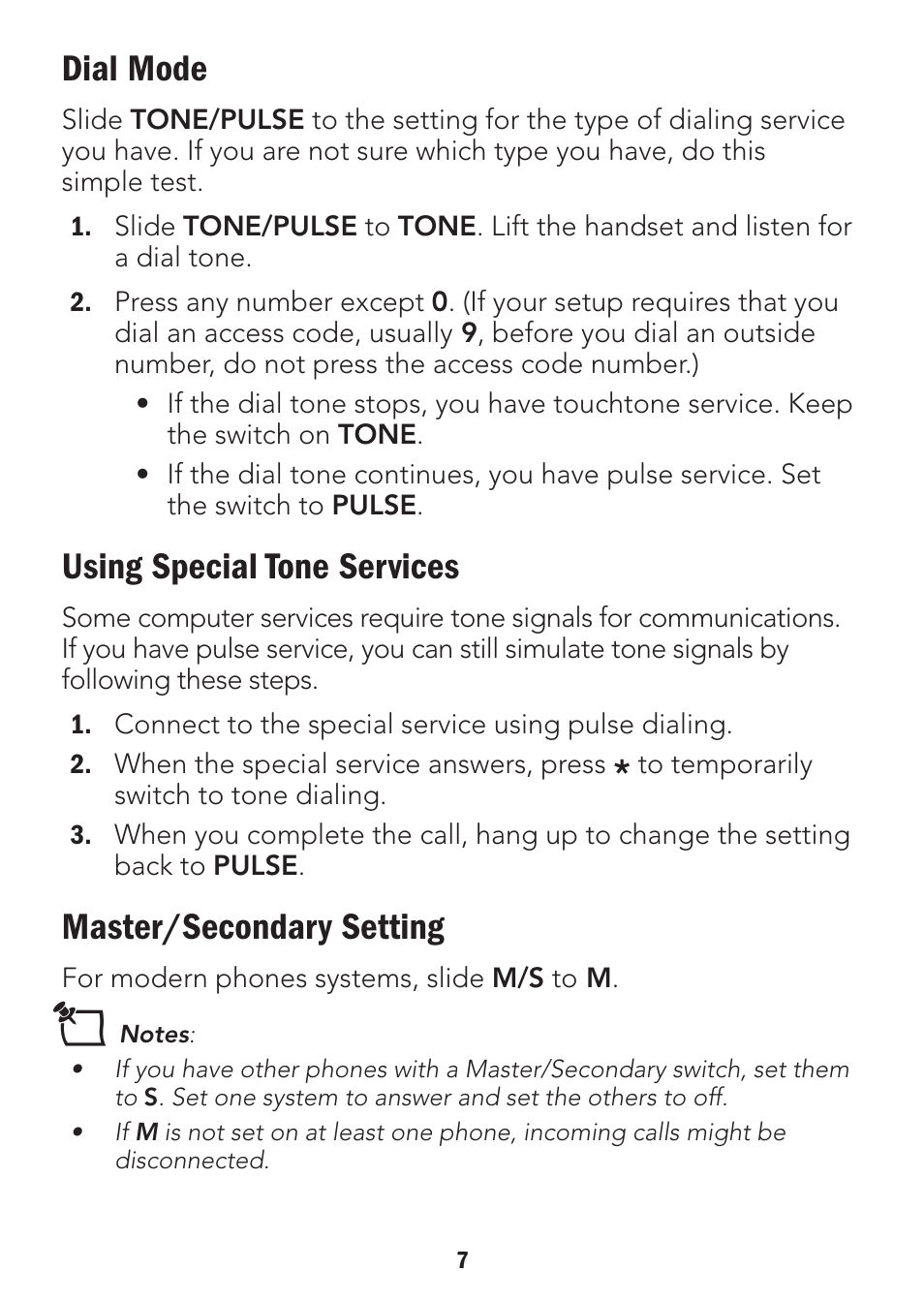 Dial mode, Using special tone services, Master/secondary setting | Radio Shack 43-3905 User Manual | Page 7 / 14