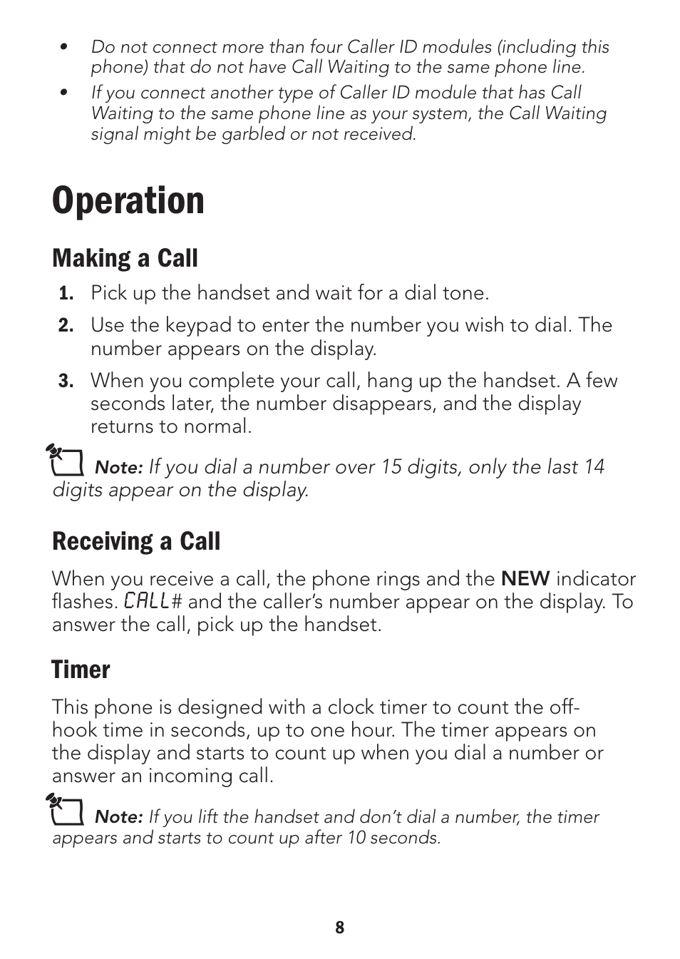 Operation, Making a call, Receiving a call | Timer | Radio Shack 43-3905 User Manual | Page 8 / 14