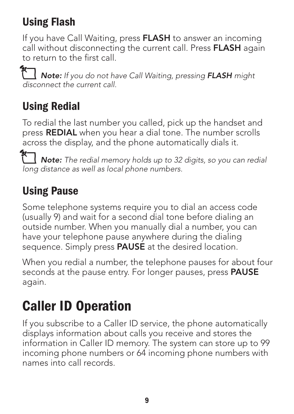 Caller id operation, Using flash, Using redial | Using pause | Radio Shack 43-3905 User Manual | Page 9 / 14