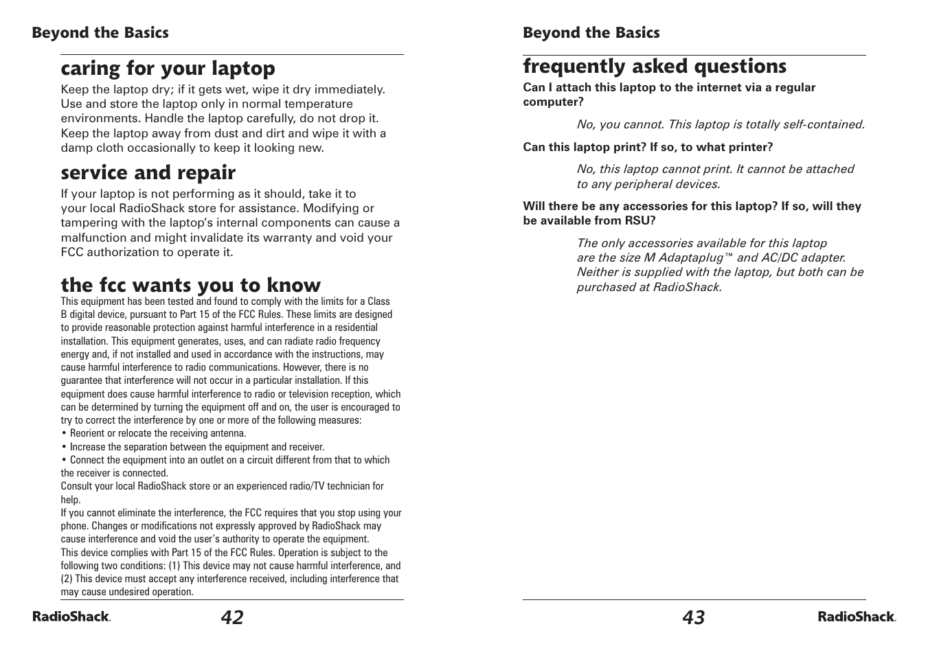 Caring for your laptop, Service and repair, The fcc wants you to know | Frequently asked questions | Radio Shack 60-2642 User Manual | Page 22 / 23