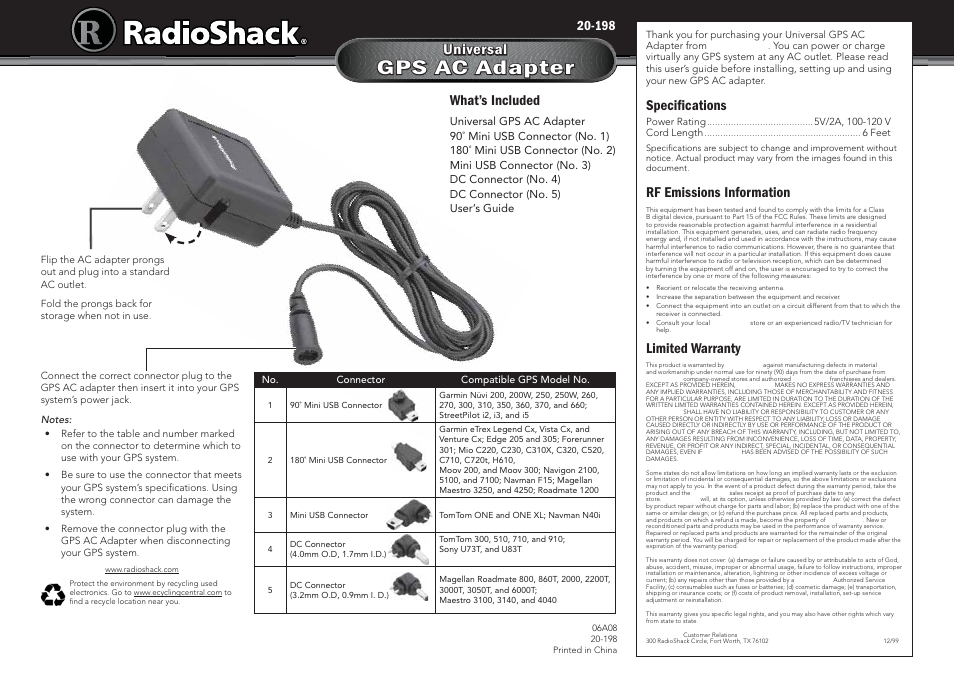 Radio Shack 20-198 User Manual | 1 page