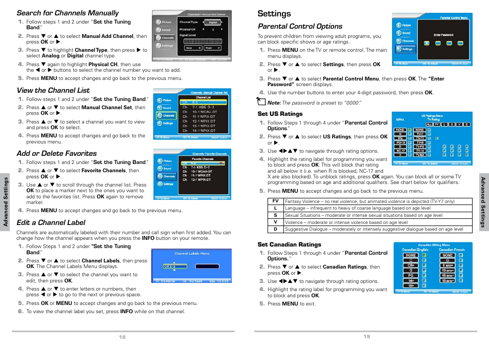 Advanced audio settings, Channel settings, Set the tuning band | Search for channels automatically, Search for channels manually, View the channel list, Add or delete favorites, Edit a channel label, Settings | Radio Shack Auvio 16-912 User Manual | Page 10 / 14