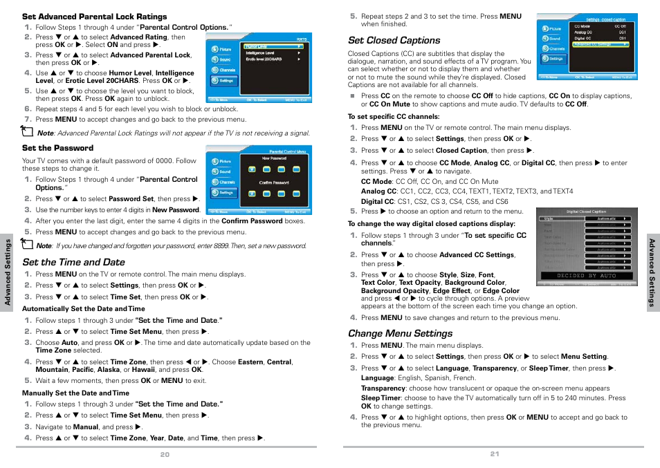 General settings, Parental control options, Set the time and date | Radio Shack Auvio 16-912 User Manual | Page 11 / 14