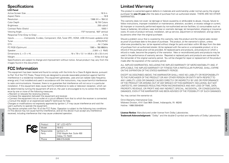 Additional information, Troubleshooting, Specifications | Fcc information, Limited warranty | Radio Shack Auvio 16-912 User Manual | Page 13 / 14