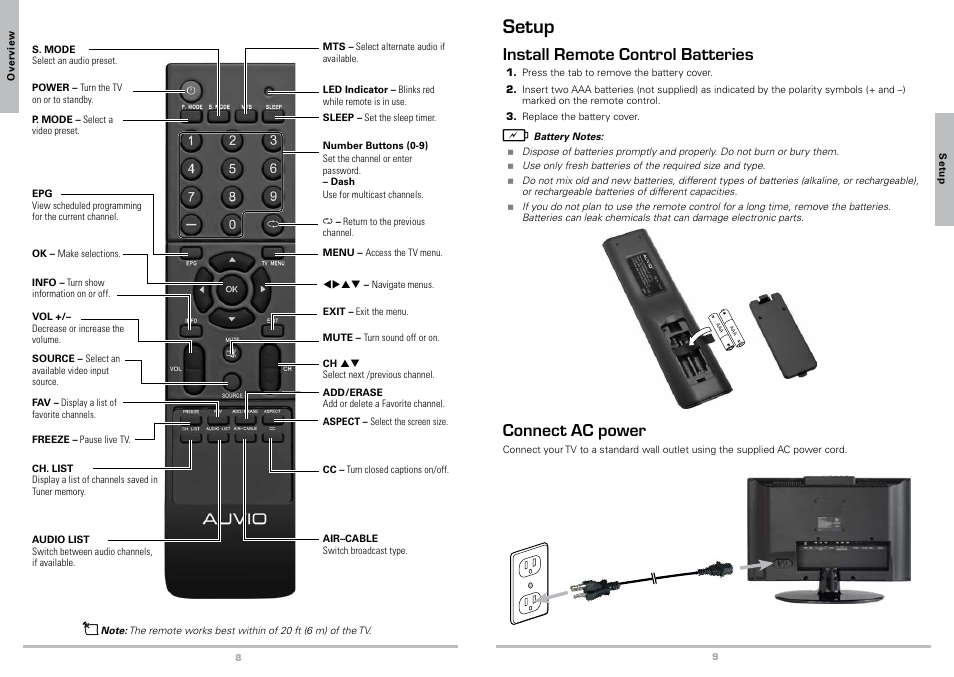 Setup, Install remote control batteries, Connect ac power | Radio Shack Auvio 16-912 User Manual | Page 5 / 14