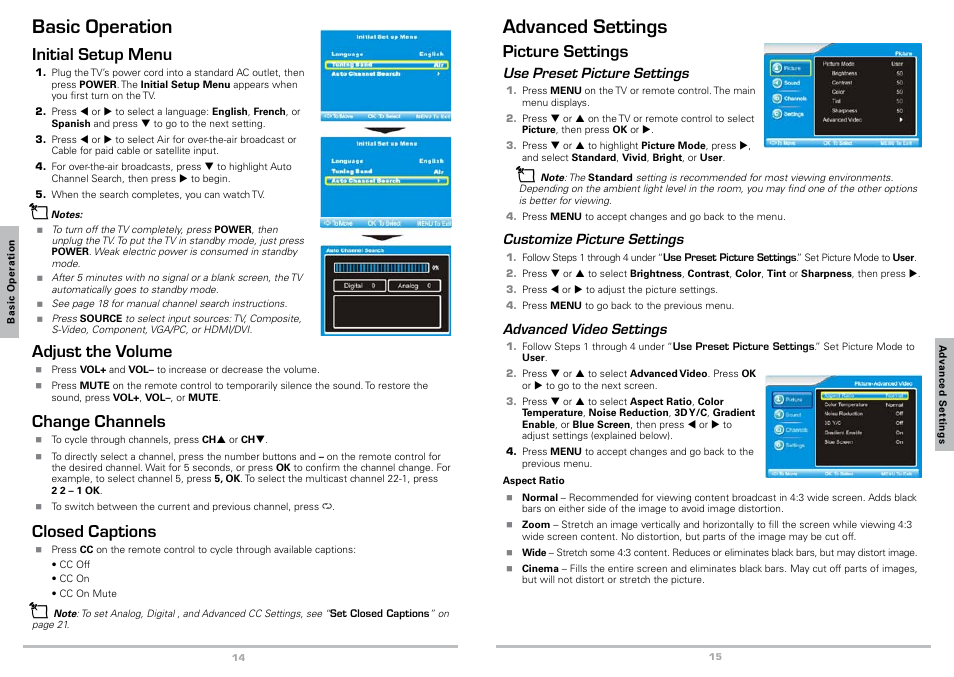 Advanced settings, Basic operation, Picture settings | Initial setup menu, Adjust the volume, Change channels, Closed captions | Radio Shack Auvio 16-912 User Manual | Page 8 / 14