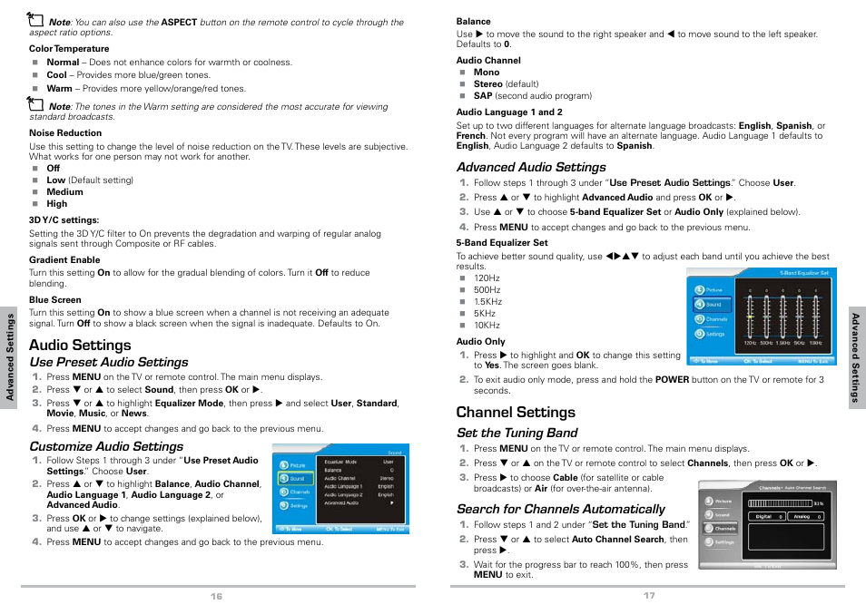 Advanced settings, Picture settings, Use preset picture settings | Customize picture settings, Advanced video settings, Audio settings, Use preset audio settings, Customize audio settings, Channel settings | Radio Shack Auvio 16-912 User Manual | Page 9 / 14