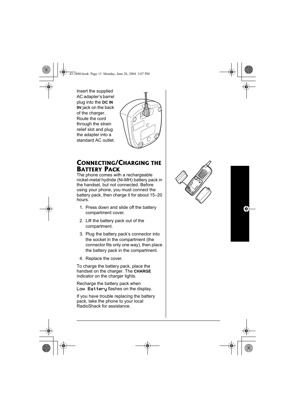 Connecting/charging the, Battery pack | Radio Shack 43-3872 User Manual | Page 13 / 76