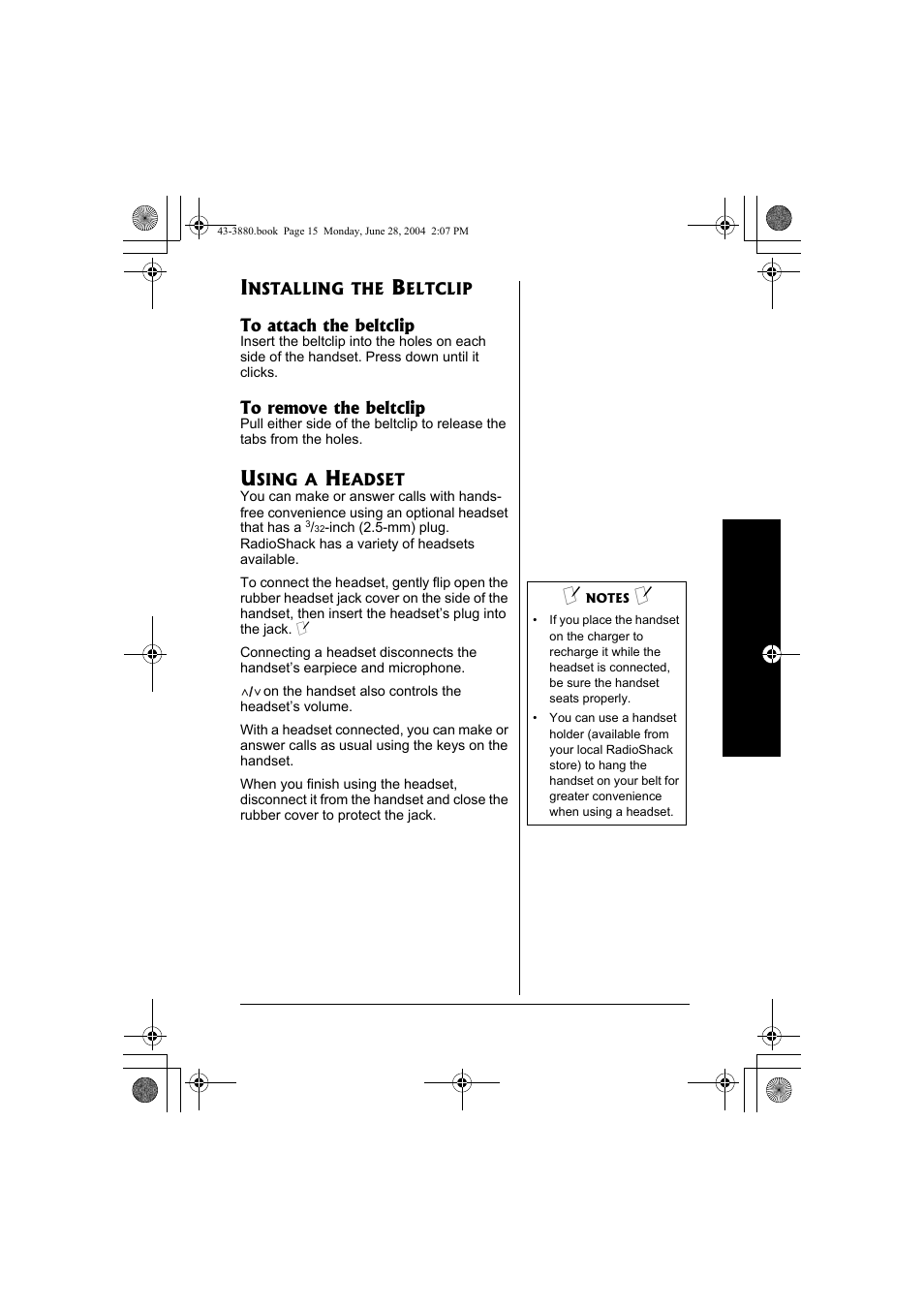 Installing the beltclip, Using a headset | Radio Shack 43-3872 User Manual | Page 15 / 76