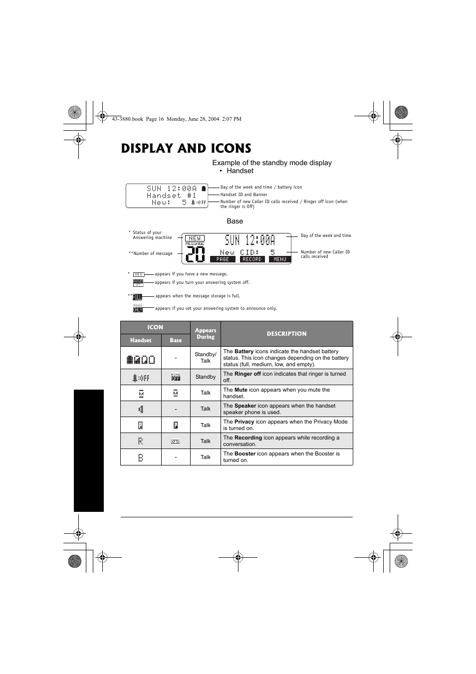 Display and icons | Radio Shack 43-3872 User Manual | Page 16 / 76