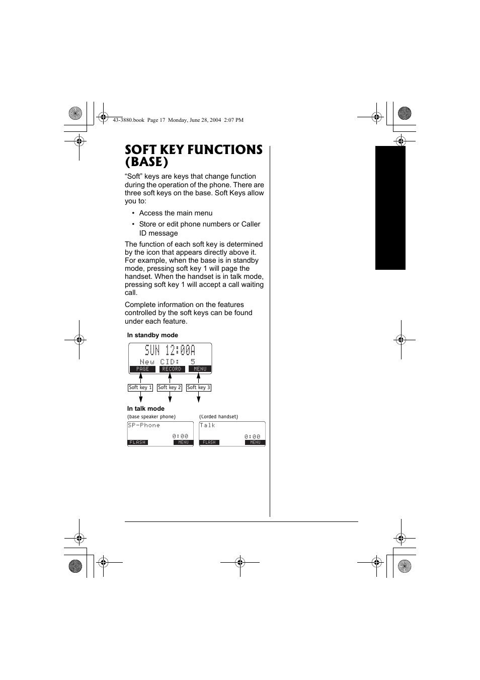 Soft key functions (base) | Radio Shack 43-3872 User Manual | Page 17 / 76