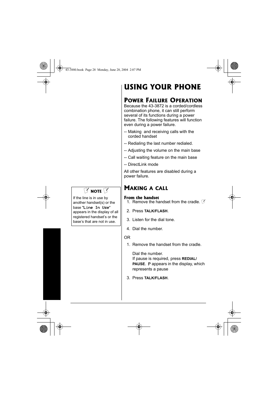 Using your phone, Power failure operation, Making a call | Radio Shack 43-3872 User Manual | Page 28 / 76