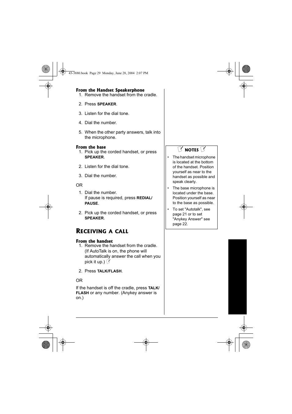 Receiving a call | Radio Shack 43-3872 User Manual | Page 29 / 76