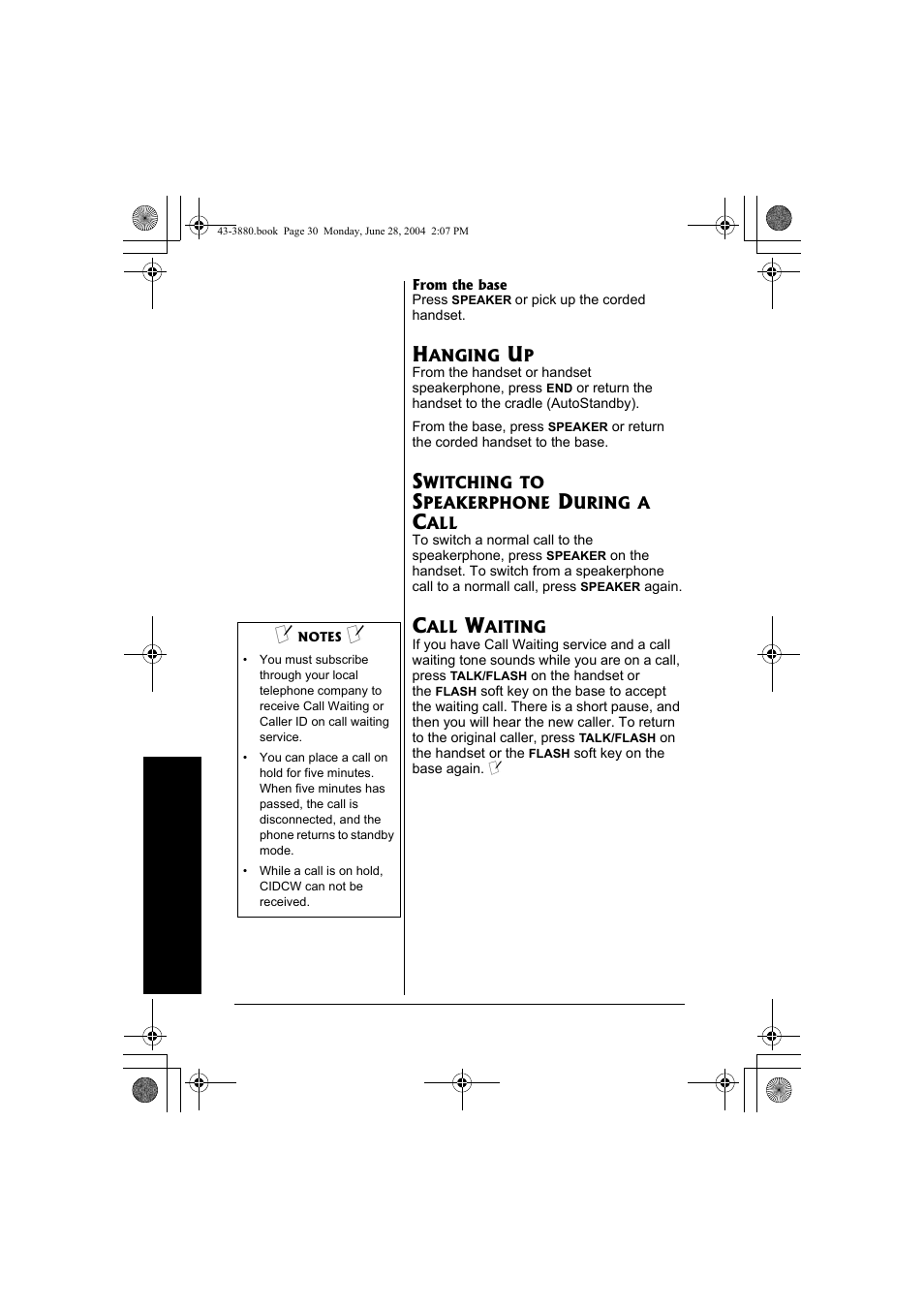 Hanging up, Switching to speakerphone, During a call | Call waiting | Radio Shack 43-3872 User Manual | Page 30 / 76