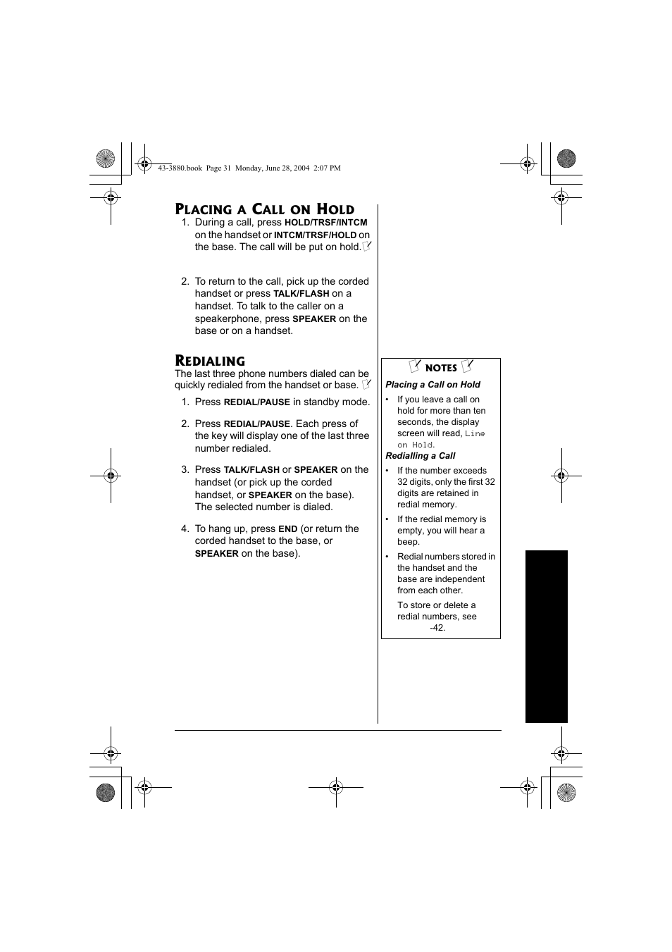 Placing a call on hold, Redialing | Radio Shack 43-3872 User Manual | Page 31 / 76