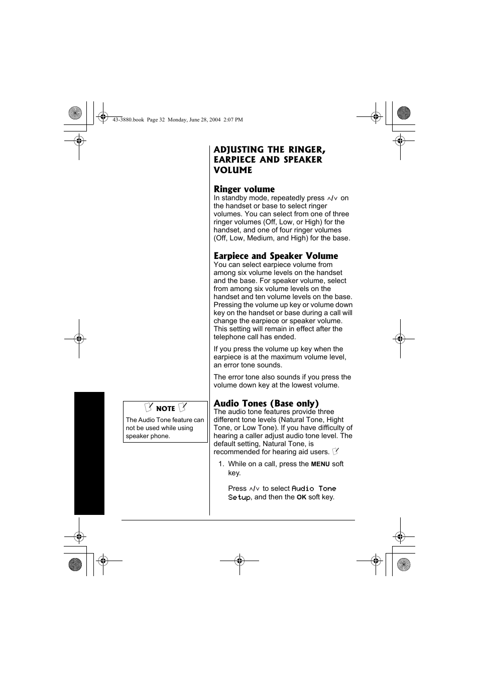 Adjusting the ringer, earpiece and, Speaker volume | Radio Shack 43-3872 User Manual | Page 32 / 76
