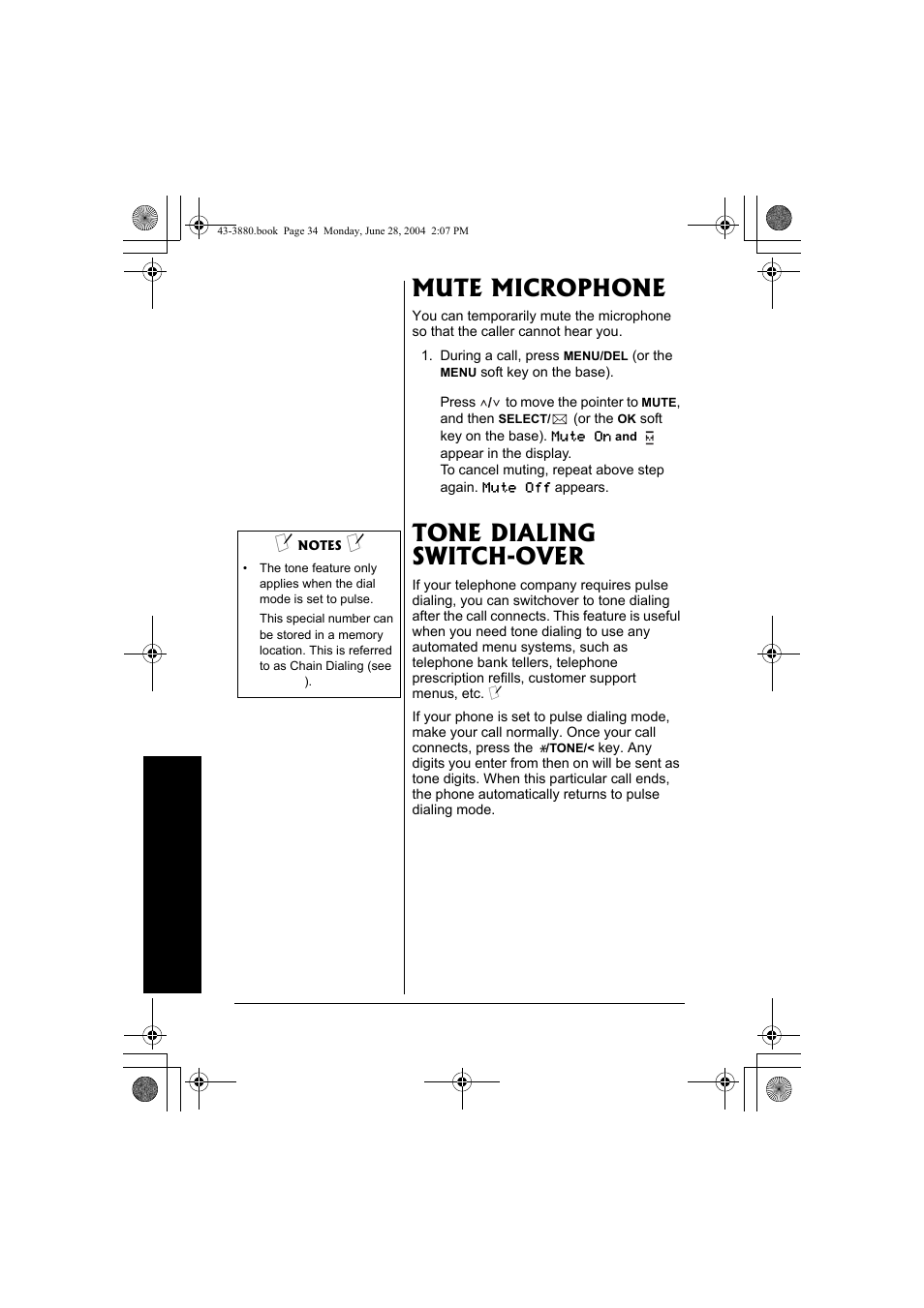 Mute microphone tone dialing switch-over, Mute microphone, Tone dialing switch-over | Radio Shack 43-3872 User Manual | Page 34 / 76