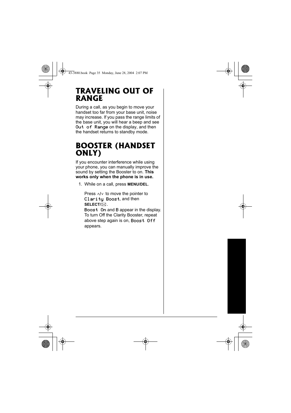 Traveling out of range booster (handset only), Traveling out of range, Booster (handset only) | Radio Shack 43-3872 User Manual | Page 35 / 76