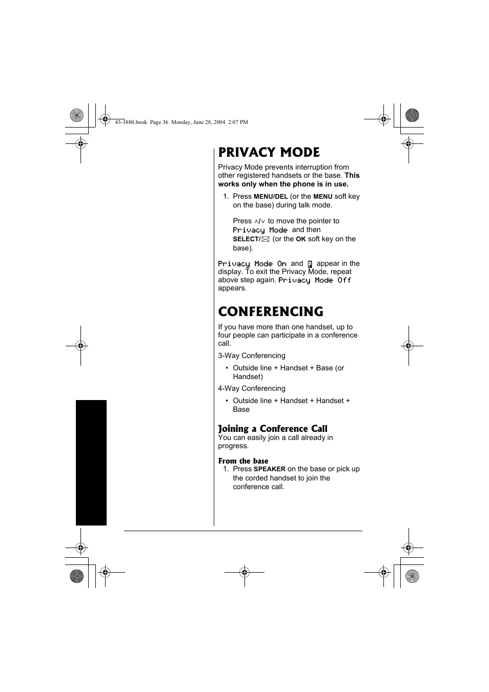Privacy mode conferencing, Privacy mode, Conferencing | Radio Shack 43-3872 User Manual | Page 36 / 76