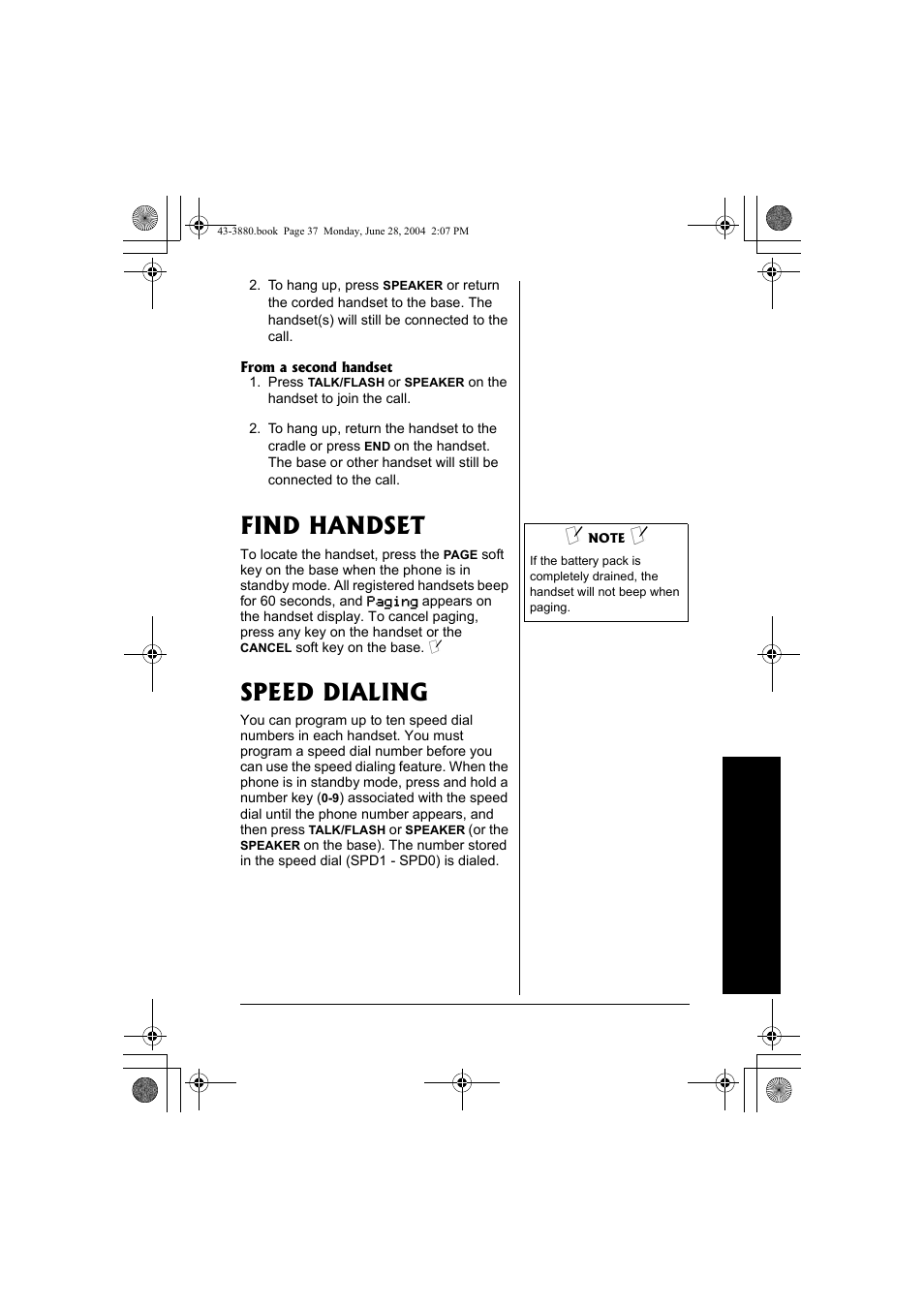 Find handset speed dialing, Find handset, Speed dialing | Radio Shack 43-3872 User Manual | Page 37 / 76