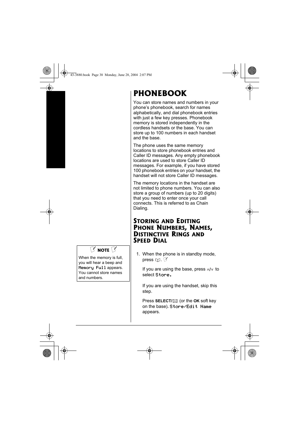 Phonebook, Storing and editing phone numbers, Names, distinctive rings and | Speed dial | Radio Shack 43-3872 User Manual | Page 38 / 76