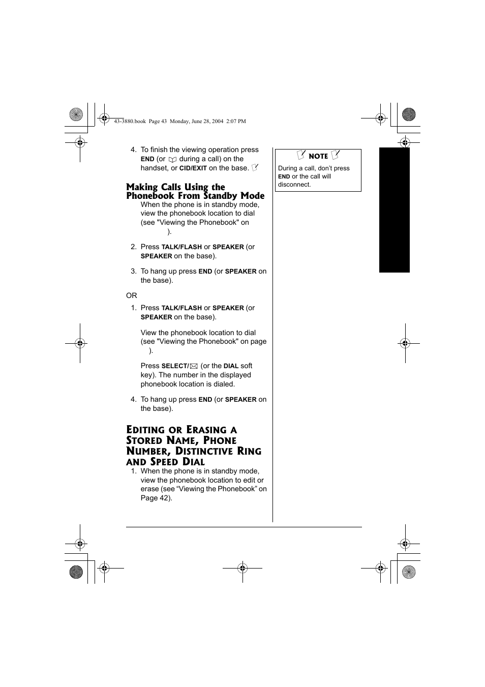 Editing or erasing a stored name, Phone number, distinctive ring and, Speed dial | Radio Shack 43-3872 User Manual | Page 43 / 76