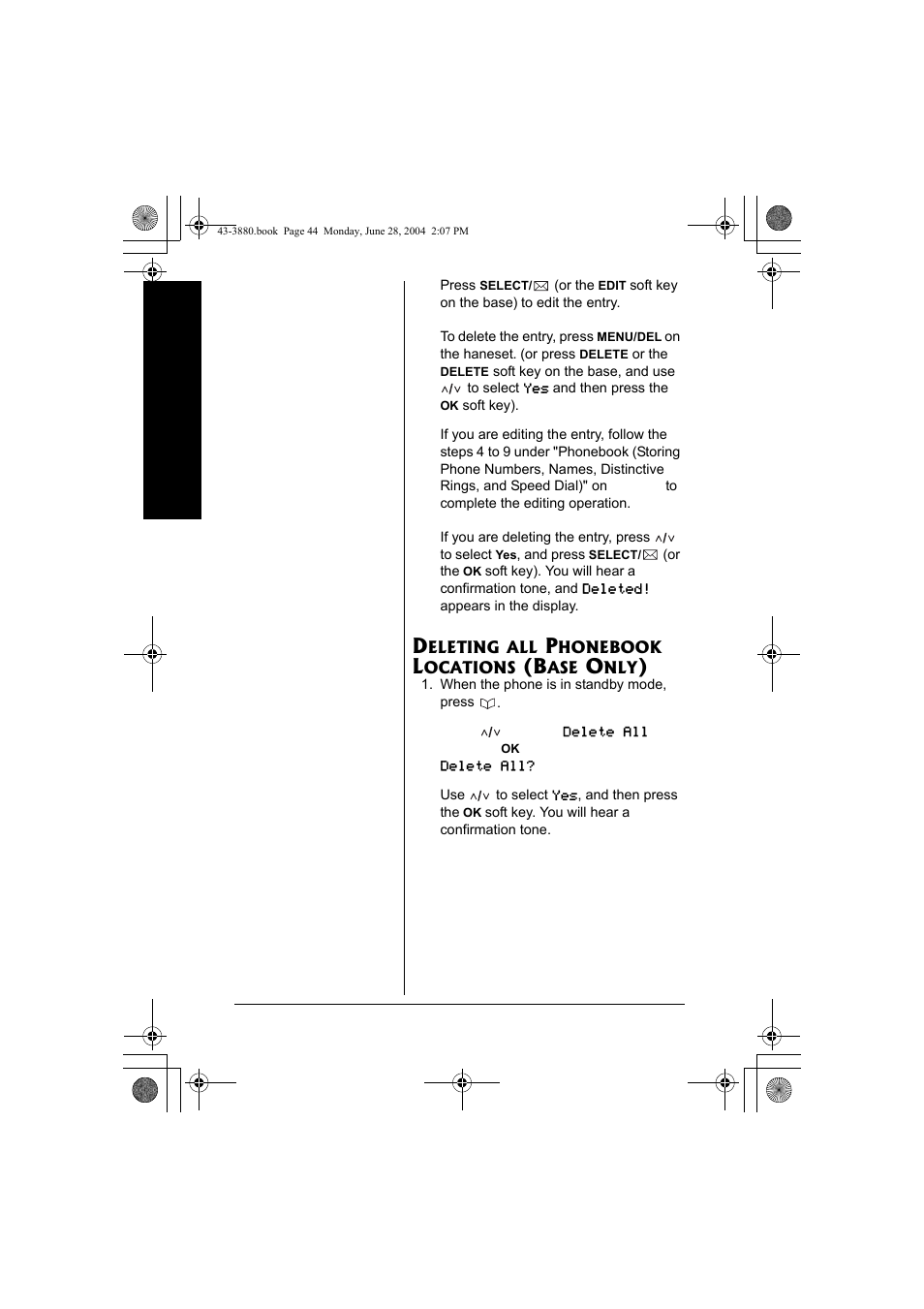 Deleting all phonebook locations, Base only) | Radio Shack 43-3872 User Manual | Page 44 / 76