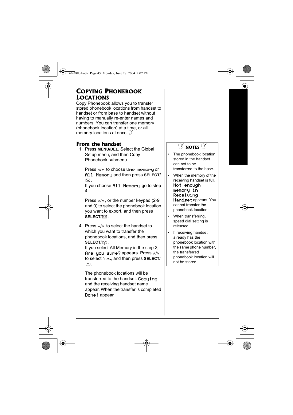 Copying phonebook locations | Radio Shack 43-3872 User Manual | Page 45 / 76