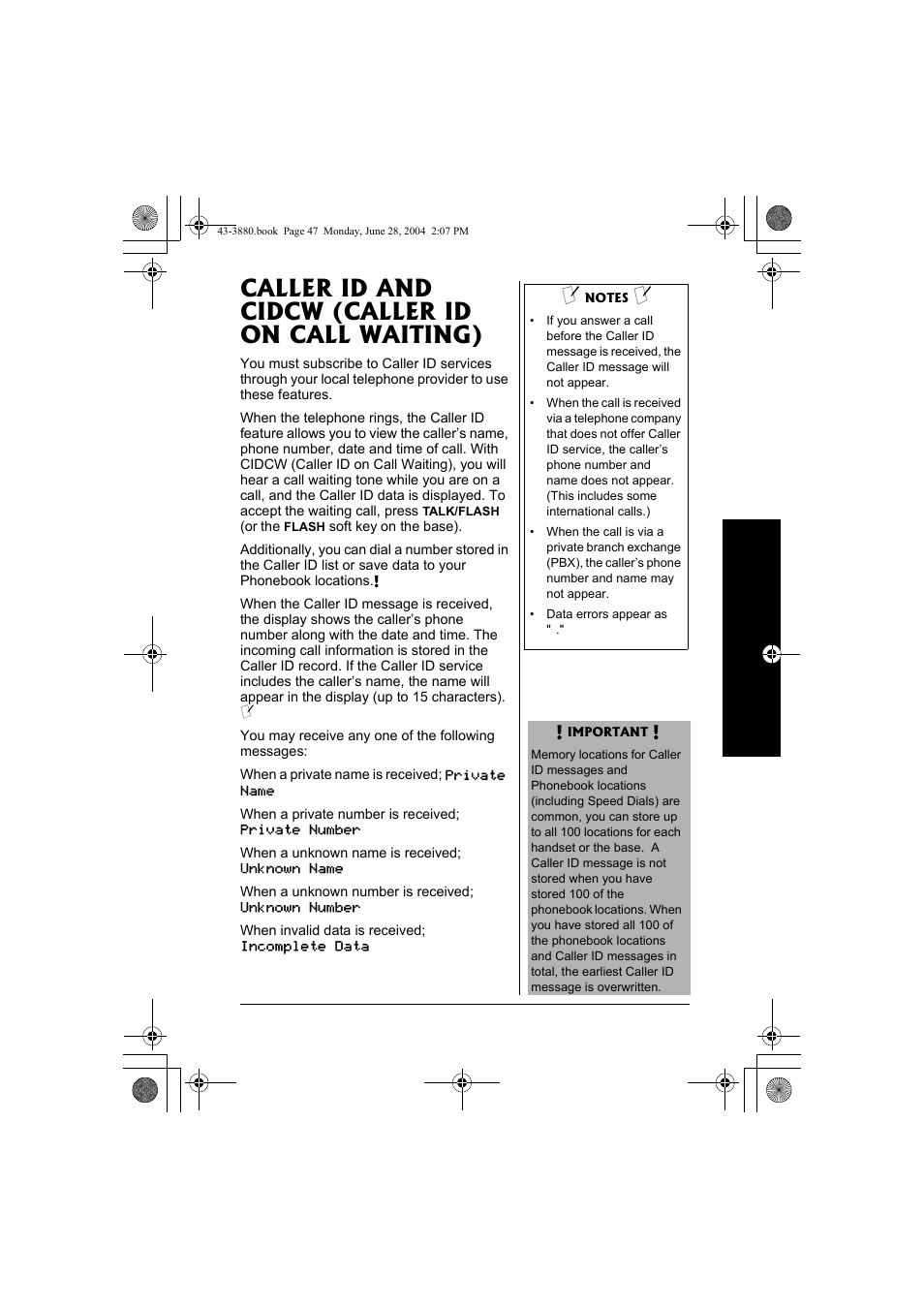 Caller id and cidcw (caller id on call waiting) | Radio Shack 43-3872 User Manual | Page 47 / 76