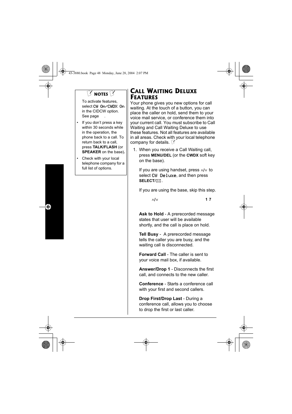 Call waiting deluxe features | Radio Shack 43-3872 User Manual | Page 48 / 76