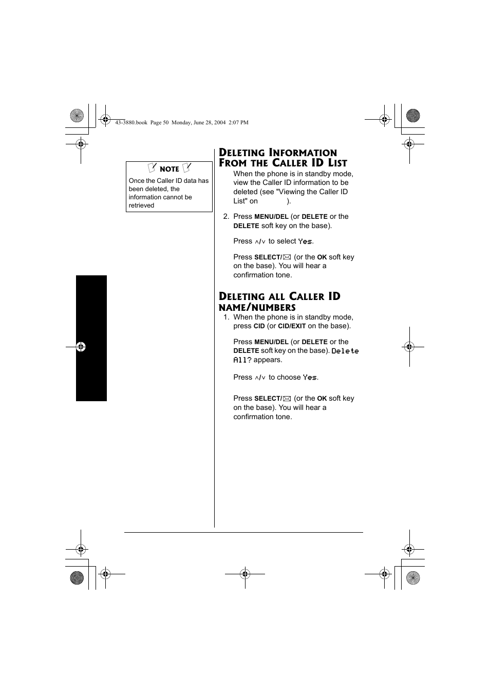 Deleting information from the, Caller id list, Deleting all caller id | Name/numbers, Id l | Radio Shack 43-3872 User Manual | Page 50 / 76