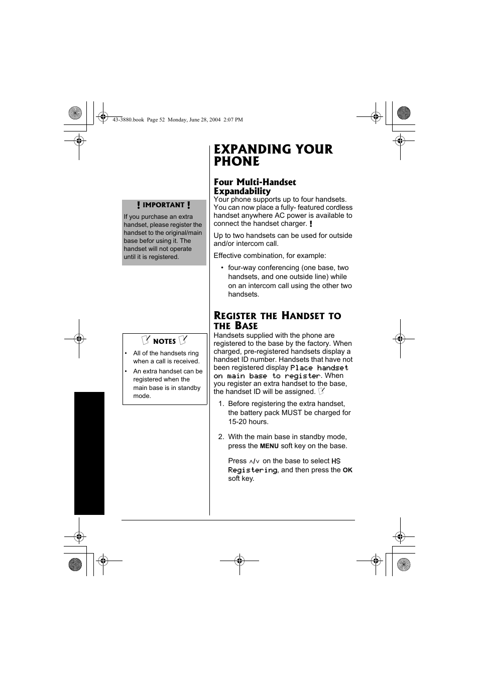 Expanding your phone, Register the handset to the base | Radio Shack 43-3872 User Manual | Page 52 / 76