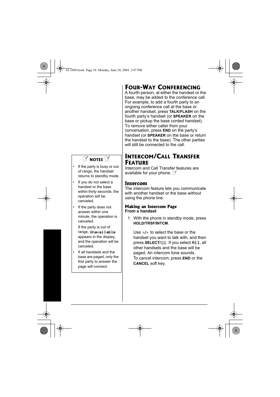 Four-way conferencing, Intercom/call transfer feature | Radio Shack 43-3872 User Manual | Page 54 / 76