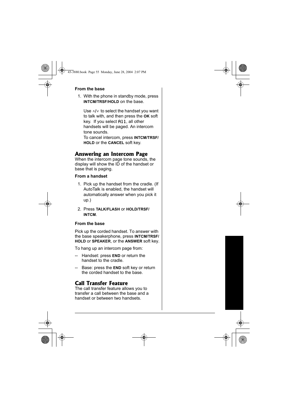 Answering an intercom page, Call transfer feature | Radio Shack 43-3872 User Manual | Page 55 / 76