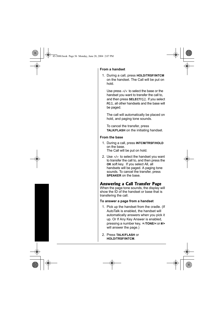 Answering a call transfer page | Radio Shack 43-3872 User Manual | Page 56 / 76