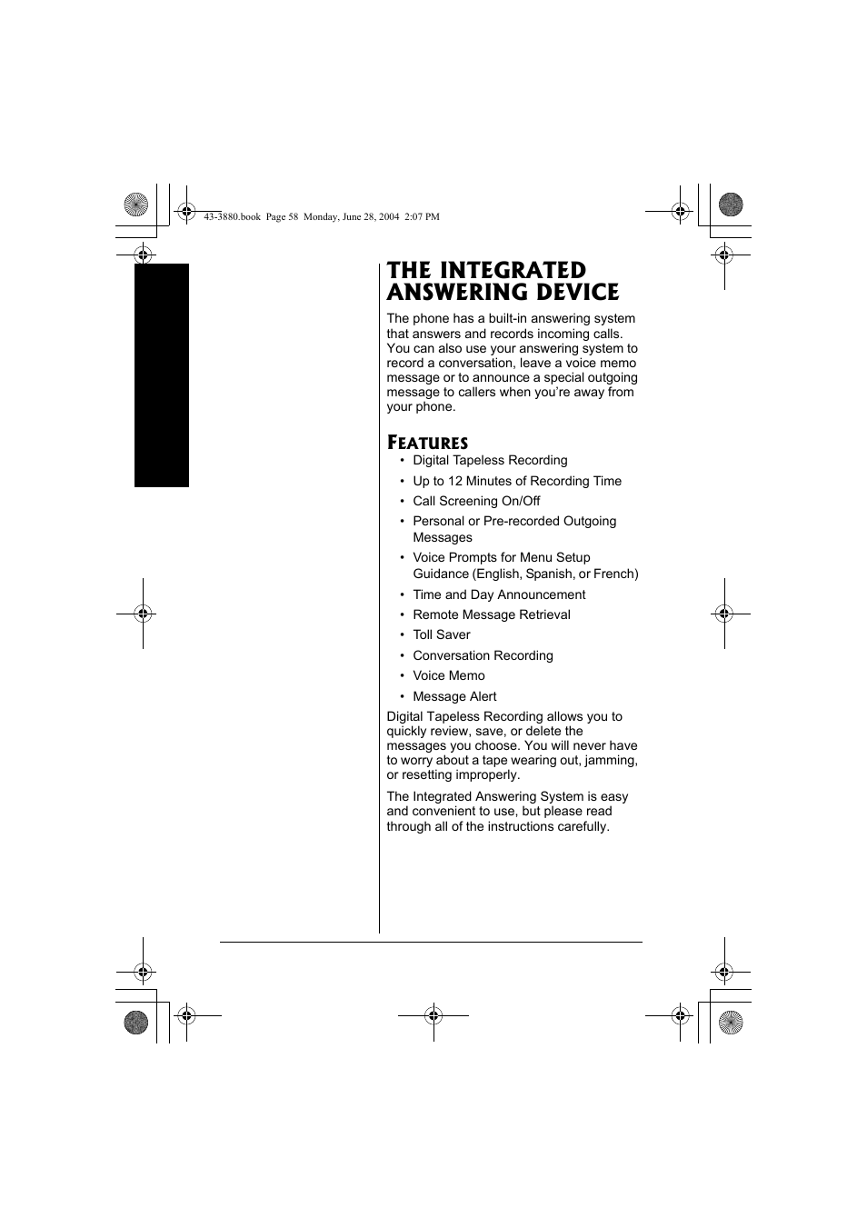 The integrated answering device, Features | Radio Shack 43-3872 User Manual | Page 58 / 76