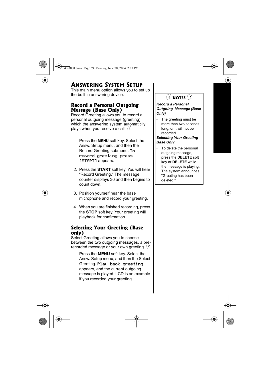 Answering system setup | Radio Shack 43-3872 User Manual | Page 59 / 76